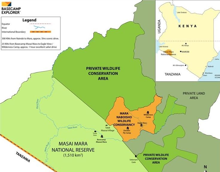 Map of Mara-Serengeti and its place in Kenya and Tanzania.