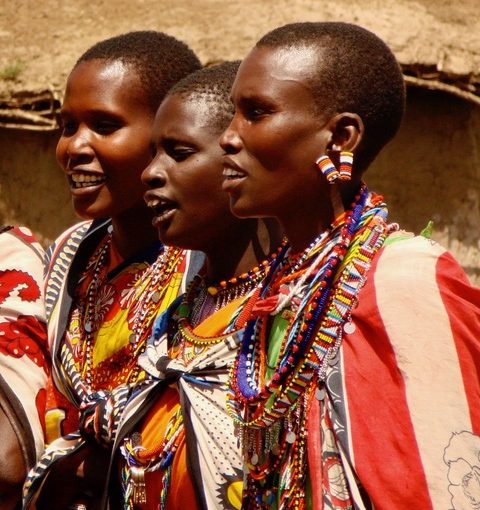 Maasai women with traditional bead necklaces in Kenya