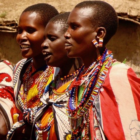 Maasai women with traditional bead necklaces in Kenya